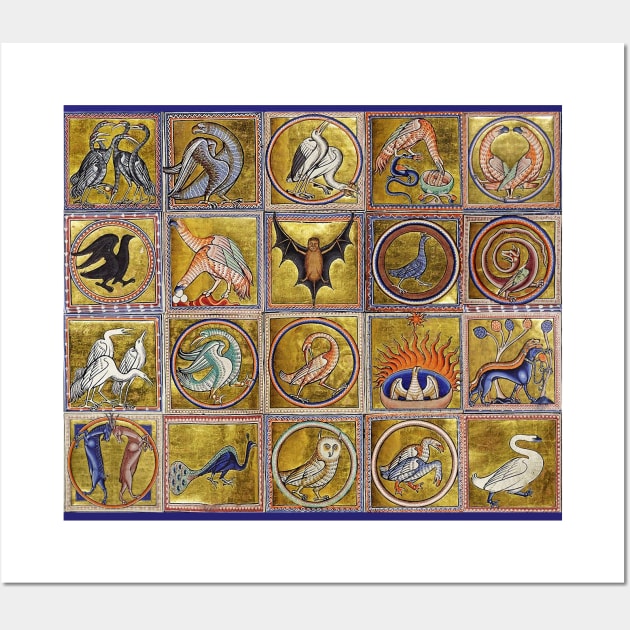 MEDIEVAL BESTIARY, FANTASTIC ANIMALS IN GOLD RED BLUE COLORS Wall Art by BulganLumini